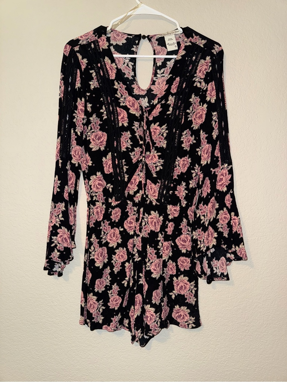 American Rag Cie Black Floral Rose Romper with Bell Sleeves